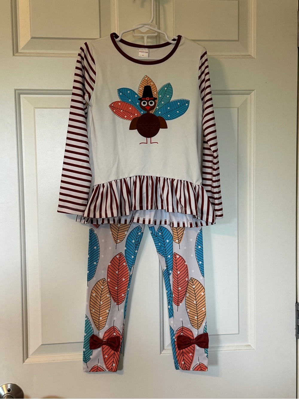 Girls' Cream Burgundy & Teal Turkey Print Set